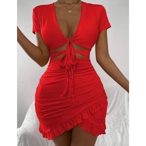 Shein Front Cut Out Ruffle Ruched Bodycon Mini Red Short Sleeve Dress SZ XS